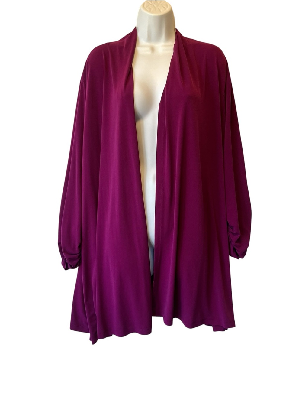 Susan Graver Liquid Knit open cardigan 3X Magenta 3/4 ruched sleeves top Stretch